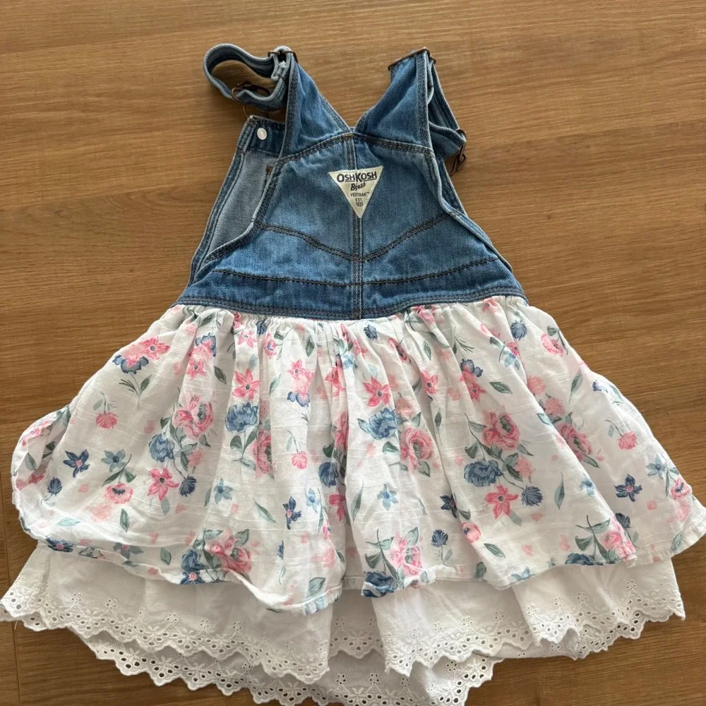 OshKosh Bgosh Girls 4T Denim Floral Eyelet Overall Dress